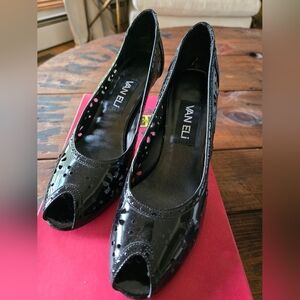 Vaneli Pindar Black Patent Peep-Toe Heels
